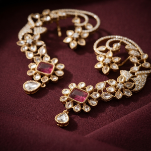 Traditional Brass Imitation Antique Gold Style Kundan <b>Ear</b> <b>Cuff</b> <b>Earrings</b> Pink Moissanite Stones Floral Design for Women Wedding - Product Image 4