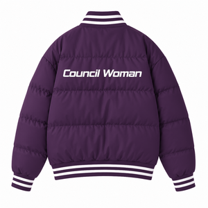 Custom NCNW Council Puffer <b>jacket</b> embroidered logo on front purple and <b>white</b> color full sleeve <b>jacket</b> <b>for</b> female - Product Image 3