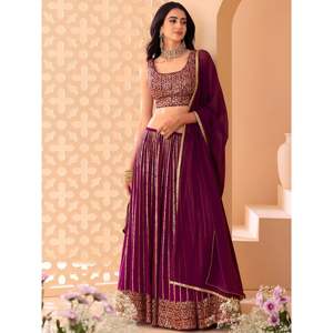 Marvelous Wine <b>Sequin</b> Georgette Reception Lehenga Choli for Women - Product Image 4