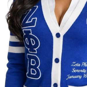 Cardigan en chenille bleu Zeta Phi Beta pour femme, pull décontracté à boutons avec lettres grecques, style sororité, en maille - Product Image 5