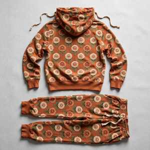 Conjunto Deportivo Unisex NEXTEX Dahlia Floral en Color Terracota, Crema y Rojo Ruginoso, Sudadera con Capucha y Pantalones de Felpa Suave de Algodón - Product Image 2