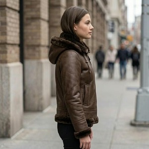 Chaqueta de aviador B3 de cuero marrón hecha a mano con forro de piel sintética y capucha. - Product Image 6