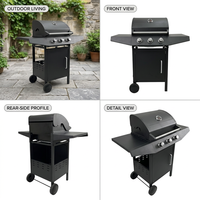 Barbecue au gaz propane d'extérieur avec trois brûleurs, capot couverte, tables latérales et armoire pour la cuisine familiale