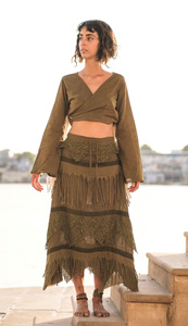 Falda Maxi Asimétrica Estilo Bohemio para Mujer, con Volantes, Bordado Geométrico, Cintura Elástica, Algodón y Fibra de Bambú, Estilo Veraniego - Product Image 2
