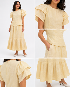 Plain Yellow Cotton-<b>Linen</b> Two-Piece Set | Ruffle Sleeve <b>Top</b> & Tiered Midi Skirt Bohemian Party Wear Outfit - Product Image 3