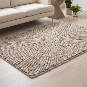 Tapis d'intérieur en laine bouclée beige crème tissé à la main, texture minimaliste, antidérapant, à poils moyens, couleur unie, avec support en toile de coton, style moderne - Product Image 2