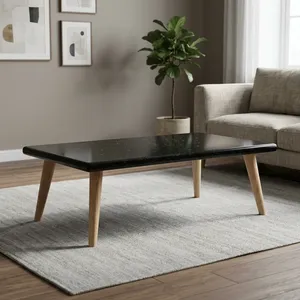 Mesa de Centro Moderna Rectangular con Tapa de Mármol Negro y Patas de Madera Natural para Sala de Estar - Product Image 1
