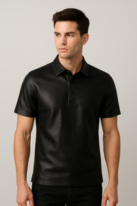 Hot Selling <b>Men</b> Wholesale Custom Made <b>Black</b> Genuine Leather Breathable <b>Short</b> <b>Sleeve</b> Casual <b>Shirt</b> Customized Design Custom Logo - Product Image 3