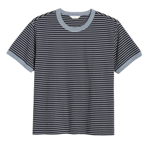 Camiseta de Manga Corta a Rayas para Hombre, Corte Regular, Cuello Redondo, Ribete en Contraste, Top Informal de Algodón Tejido - Product Image 5
