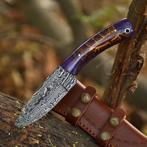 Couteau de chasse droit à pointe Damas en résine violette personnalisée, motif cône de pin, vente en gros, couteau fixe pour bushcraft, fabricant d'articles d'extérieur - Product Image 6