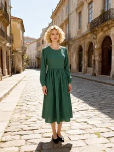 Vestido Midi de Algodón Verde Esmeralda para Mujer, Manga Larga, Corte en A, Fluido, Elegante, Casual, Vestido de Verano - Product Image 2
