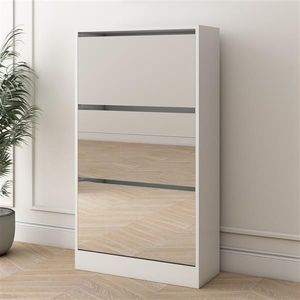 Modern White 3-Tier <b>Shoe</b> Rack Narrow Wood Slim <b>Shoe</b> <b>Storage</b> Cabinet with Mirror Dustproof Organizer for Home and Apartment - Product Image 3