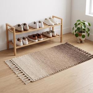 Tapis tissé à la main antidérapant moderne à boucles épaisses effet galet - Tapis de sol texturé neutre en laine crème à brun - Product Image 1