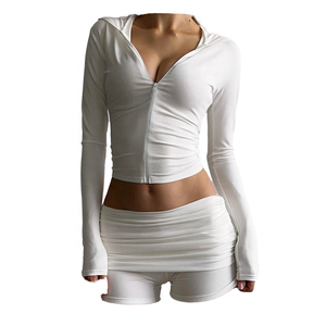 Women Solid Long Sleeve Zipper Crop Top With High Waist Shorts Two <b>Piece</b> <b>Set</b> Sporty Casual Wear Spring Summer <b>White</b> - Product Image 1