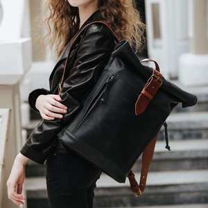 Sac à dos minimaliste en cuir à enroulement, sacoche fine pour ordinateur portable en cuir de vachette véritable, sac de bureau pour homme, équipement urbain LTBP-0007 - Product Image 1