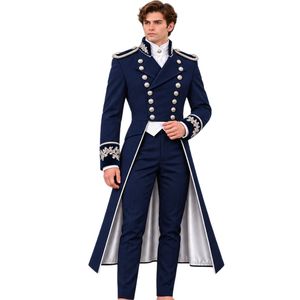 Costume de marié bleu marine foncé pour homme, style veste de queue-de-pie victorienne, avec boutons argentés et broderies, pour mariage formel, avec pantalon assorti - Product Image 1