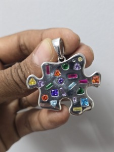 <b>Puzzle</b> Shape 925 Silver Gold Plated Pendant with Multicolor Gemstones Bezel Set Trendy Unisex Charm Everyday Wear - Product Image 5