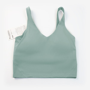 Sujetador deportivo sin costuras con cuello en V para mujer, soporte medio, top de yoga de color liso con tirantes finos no ajustables - Product Image 3