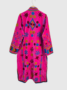 Pink Plus Size Women's <b>Velvet</b> Jacket Mandarin Collar Full Sleeve Hand Embroidered Floral Pattern Long Coat Winter Wear - Product Image 2