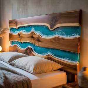 Cabecero de cama King de madera natural con incrustaciones de resina epoxi y diseño de olas oceánicas, hecho a mano, de lujo. - Product Image 1