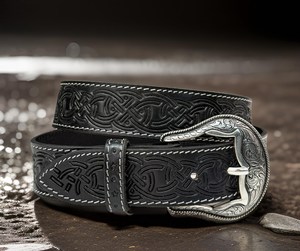 Burgundy Tooled Leather <b>Belt</b> Rose Flower Metal Buckle Western Style <b>Belt</b> for Trousers From Direct factory price with Low OEM MOQ - Product Image 2