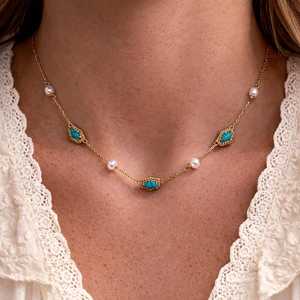 สร้อยคอทองเหลืองประดับด้วยลูกปัดเทอร์ควอยซ์ธรรมชาติ พร้อมจี้เทอร์ควอยซ์ทรงมุกเทียมแบบหลายชั้น ชุบทอง 14K รูปทรงมงกุฎ สไตล์ศาสนา - Product Image 5