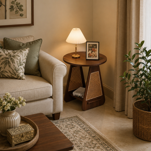 Round Wood Side <b>Table</b> Accent Ottoman Rattan Panel <b>Sofa</b> <b>End</b> <b>Table</b> Living Room - Product Image 1