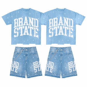 Ensemble T-shirt et short tricoté imprimé personnalisé pour homme, style urbain, été, 100 % coton, col rond, séchage rapide, sans couture - Product Image 1