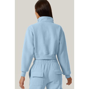 Sudadera de punto azul claro para mujer, cuello alto, manga larga, color liso, estilo crop, con media cremallera, para otoño, precio de fábrica 2026, ODM - Product Image 6