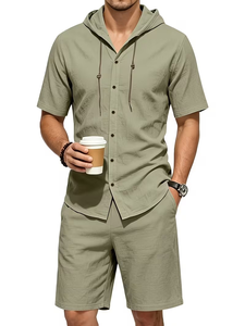 Men Solid Color Hooded Button-Up Shirt Set Elastic Waist Shorts Casual Summer Breathable Polyester/Cotton 200g Knitted Fabric - Product Image 2