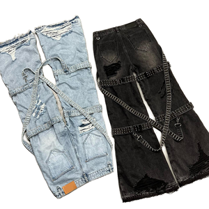 Punk Style Distressed Flare <b>Jeans</b> <b>With</b> Rivet Straps High <b>Waist</b> Loose Fit Full Length Women's Pants Spring Casual Wear - Product Image 1