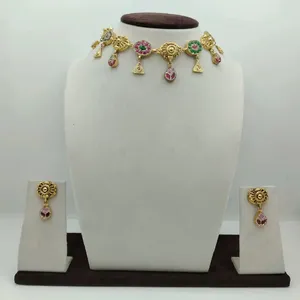 Traditional Gold Tone <b>Choker</b> Necklace Set with Green and Pink Stone Work Elegant Bridal Jewelry for Women with Matching Earrings - Product Image 1