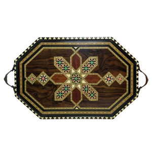 Plateau de service marocain artisanal en marqueterie, mosaïque décorative octogonale avec accent en nacre, décoration d'intérieur unique - Product Image 1