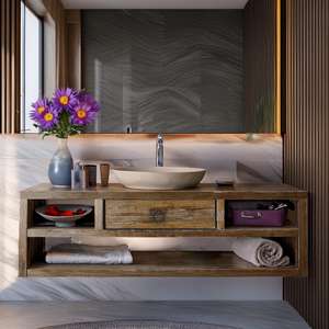 Mueble de Baño Rústico de Madera Maciza con Estante Abierto, Diseño de un Solo Cajón y Acabado Natural para Baño Moderno - Product Image 1