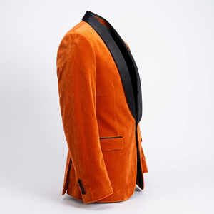 Burnt Orange <b>Velvet</b> <b>Blazer</b> Rust Tone Black Satin Shawl Lapel Single Button Tuxedo Jacket Autumn Event Style - Product Image 2