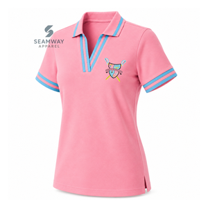 เสื้อโปโลแกมมา ฟิ เดลต้า ซอร์โรริตี้ สำหรับผู้หญิง สีชมพู-น้ำเงินลายทาง คอวี ผ้าปิเก้ถัก แขนสั้น ปักลายตราสัญลักษณ์ คอปก - Product Image 2