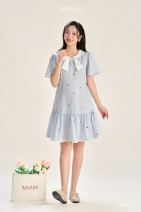 Vestido de Maternidad B2 MUM V1434 de Lino Suave, Tejido Transpirable Ecológico, Detalle de Lazo, Silueta en A, Cintura Elástica Ajustable - Product Image 2