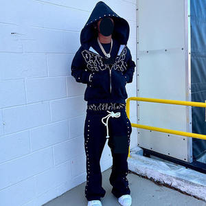 Manufacturer Custom Rivet Rhinestones Tracksuits DTG Printing 2 Piece Hoodie <b>Pants</b> Set Heavyweight Zip up Tracksuits Sets <b>Men</b> - Product Image 4