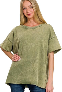Women's O-neck T-shirts Acid Washed <b>Top</b> Comfortable Casual Short Sleeved Shirt Customized Printed Plain Color Women's T-shirts - Product Image 3