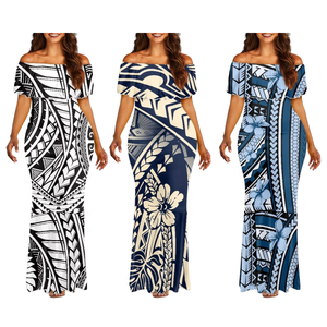Robe longue sirène polynésienne à imprimé plumeria, épaules dénudées et manches lanternes, motif tribal, idéale pour les soirées – Nouvelle collection Samoan - Product Image 4