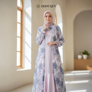 Vestido Gamis Musulmán para Mujer Shouqin Hameeda, Satén y Seda, Elegante Estampado Floral, Conjunto Interior y Exterior, Abaya Modesta - Product Image 1