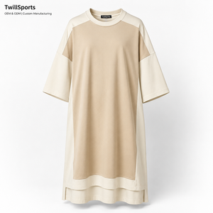Oversized <b>Maxi</b> <b>T</b> <b>Shirt</b> <b>Dress</b> Women Beige Color Block Casual Loose Fit Natural Waist Cotton Blend OEM ODM Private Label All - Product Image 3