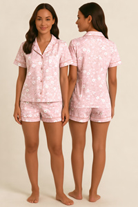 Ensemble de pyjama à manches courtes pour femmes, rose à fleurs, avec col rabattu, fermeture à boutons, vêtements de nuit d'été - Product Image 1