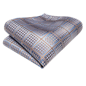 Conjunto de Corbata de Seda con Diseño Geométrico Clásico, Estampado Jacquard en Azul, Marrón y Dorado, para Traje Formal de Negocios, Incluye Corbata, Gemelos y Pañuelo de Bolsillo - Product Image 4