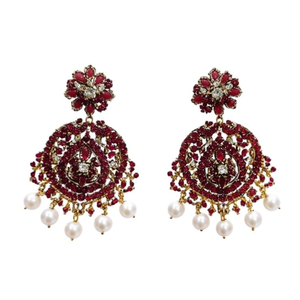 Vintage Red AD Chandbali Chandelier Earrings with Jade Pearl and Diamond - Product Image 3