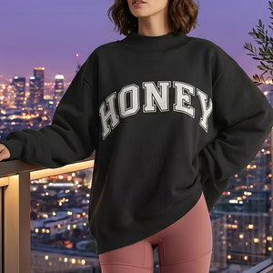 Sudadera Negra Oversize para Mujer con Cuello Redondo y Estampado de Letras 'Honey', Hombros Caídos, Manga Larga, Ropa Casual de Otoño - Product Image 1
