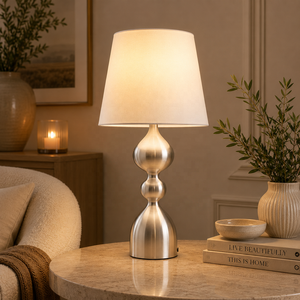 Regalia Hourglass Metal Table <b>Lamp</b> with Linen Tapered Shade Brushed Nickel Finish Soft Ambient Glow for Elegant Decor - Product Image 1