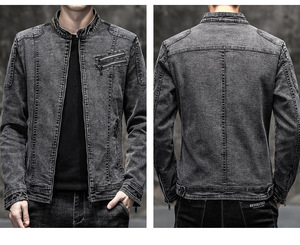 Veste en jean de coton pour homme avec fermeture éclair, design sportif brodé style motard, col rabattable, finition soignée - Product Image 2