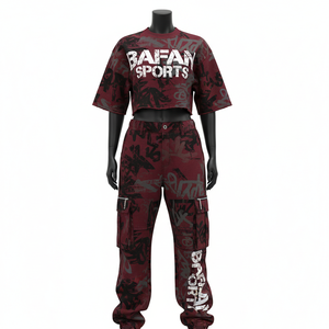 Premium 320 GSM Cotton Polyester Fleece Crop T Shirt And Cargo Pant Set <b>Maroon</b> All Over Print Custom Logo Women set - Product Image 1