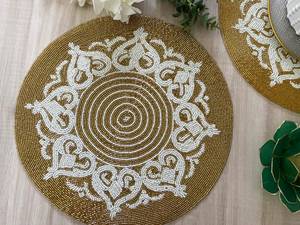 Handmade <b>Beaded</b> Polyester/Cotton Floral Embroidered Stripe Eco-Friendly <b>Placemat</b> Gold and White Home & Hotel Use - Product Image 2